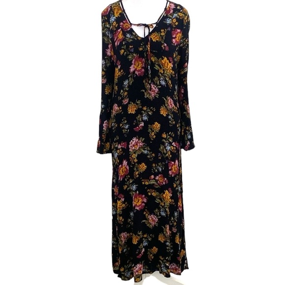 Natural Life Boho Long Bell Sleeve Side Slit Rayon Black Floral Maxi Dress - Picture 2 of 13